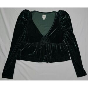 Maeve Anthropologie Green Velvet Babydoll Top Puff Sleeve Womens M Holiday Chic